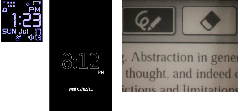 Figure 13-2. Low-power screens, or low-power modes, must make trade-offs in other display characteristics. ePaper technologies may evolve, but currently they have grayish blacks and very unwhite whites, as well as slow refresh times. The variable power of OLED allows the primary display to stay illuminated while sleeping, but only a few items can be illuminated, and contrast masks the fact that the white pixels are actually not at full intensity either. Figure 13-2. Low-power screens, or low-power modes, must make trade-offs in other display characteristics. ePaper technologies may evolve, but currently they have grayish blacks and very unwhite whites, as well as slow refresh times. The variable power of OLED allows the primary display to stay illuminated while sleeping, but only a few items can be illuminated, and contrast masks the fact that the white pixels are actually not at full intensity either.