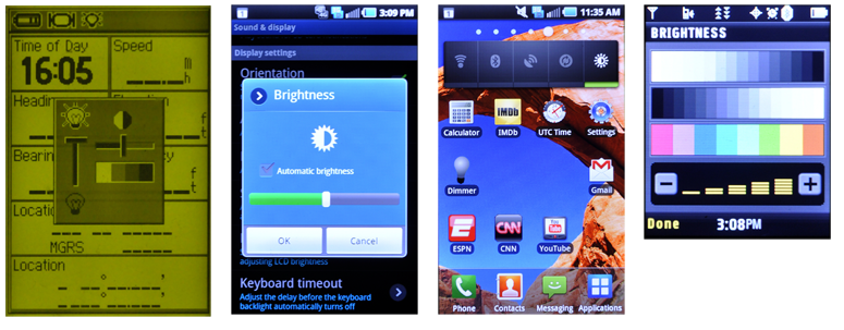 Figure 13-3. Automatic brightness will probably remain imperfect for a long time, so brightness controls should be a function of other settings or a home-page widget so that the user can get to them easily. Figure 13-3. Automatic brightness will probably remain imperfect for a long time, so brightness controls should be a function of other settings or a home-page widget so that the user can get to them easily.